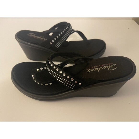 Skechers Womans 3" Black Open Toed Sandles 8.5 With Crystal Accent Beads - Picture 4 of 5